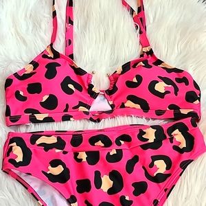 SIZE LARGE SHEIN Pink Leopard 🐆 💗 high waist bikini gold ring cut out bust